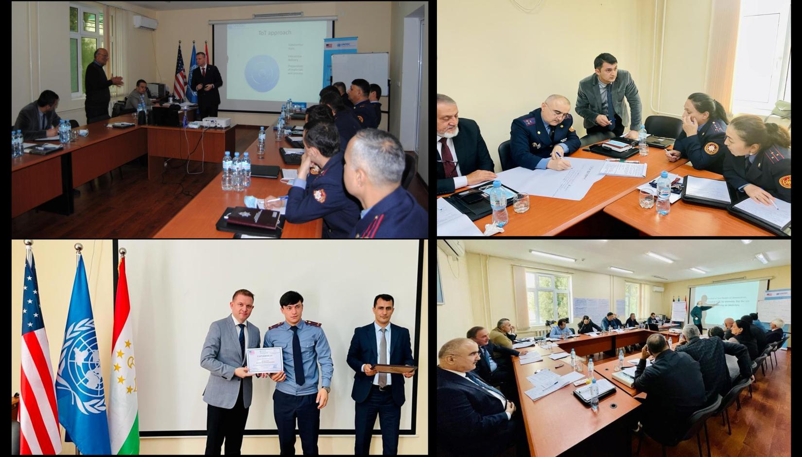 Images from various trainings depicting training participants making a presentation, having a group discussion and receiving a certificate