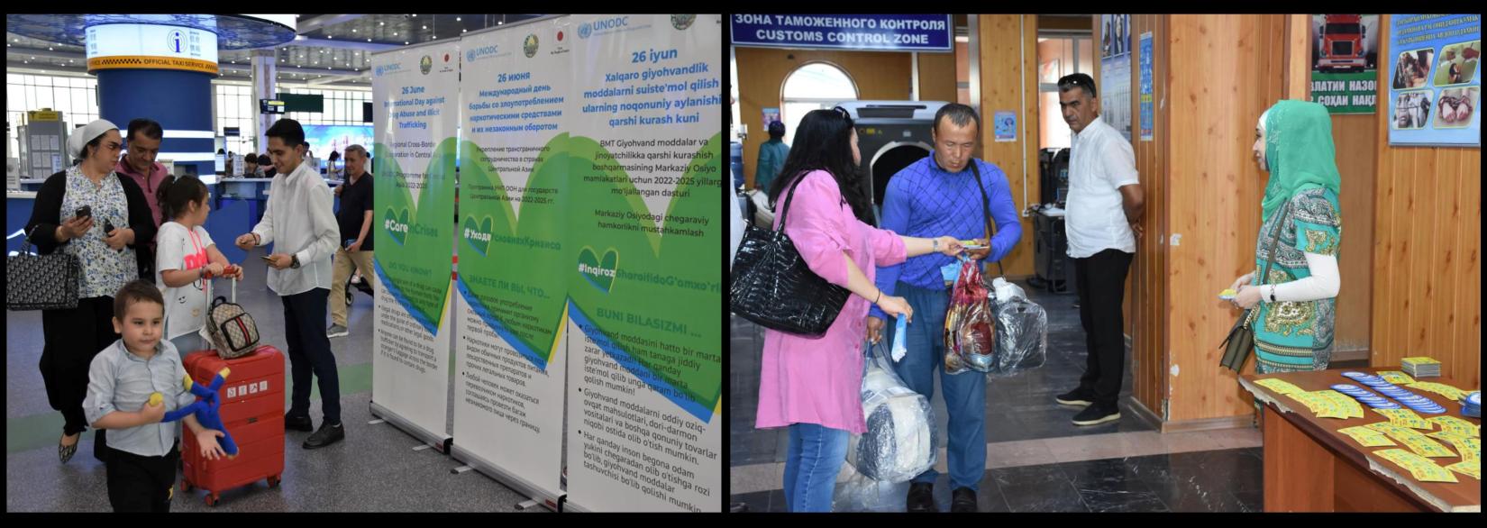 Photos of the events organized for public on World Drug Day 2022 (people at the information stand, reading the text)