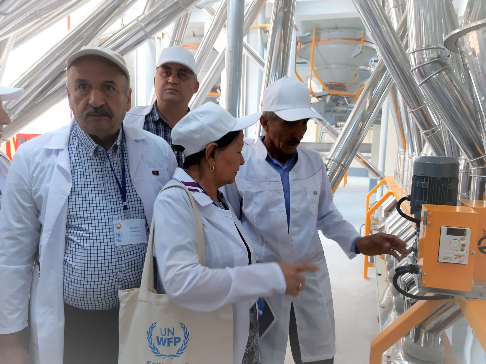 Group of women and men have a discussing inside the wheat flour producing plant